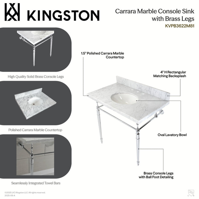 Kingston Heirloom KVPB3622M87 - Edwardian 36-Inch Carrara Marble Console Sink with Brass Legs (8-Inch, 3-Hole), Carrara Marble White/Brushed Brass