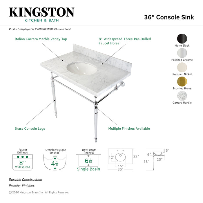 Edwardian KVPB3622M87 36-Inch Carrara Marble Console Sink with Brass Legs (8-Inch, 3-Hole), Carrara Marble White/Brushed Brass