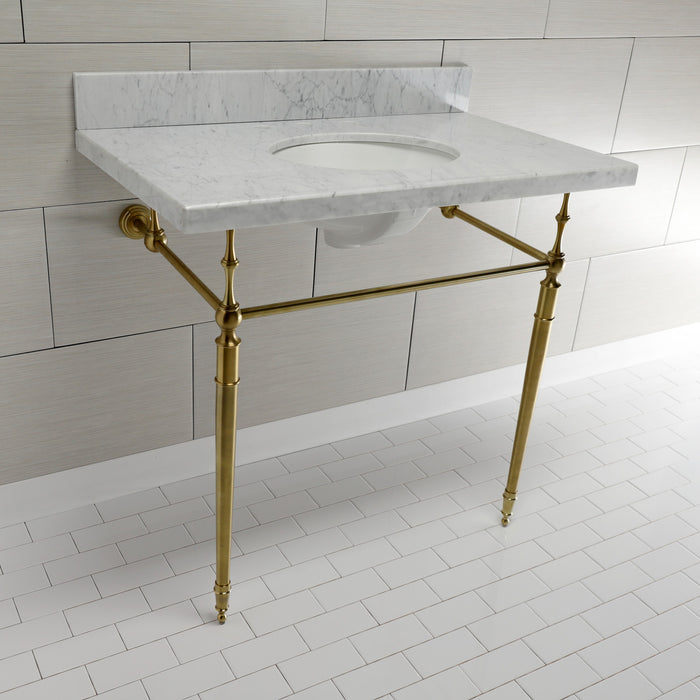 Kingston Heirloom KVPB3622M87 - Edwardian 36-Inch Carrara Marble Console Sink with Brass Legs (8-Inch, 3-Hole), Carrara Marble White/Brushed Brass