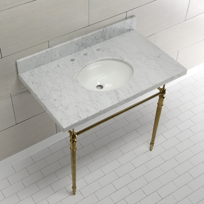 Kingston Heirloom KVPB3622M87 - Edwardian 36-Inch Carrara Marble Console Sink with Brass Legs (8-Inch, 3-Hole), Carrara Marble White/Brushed Brass