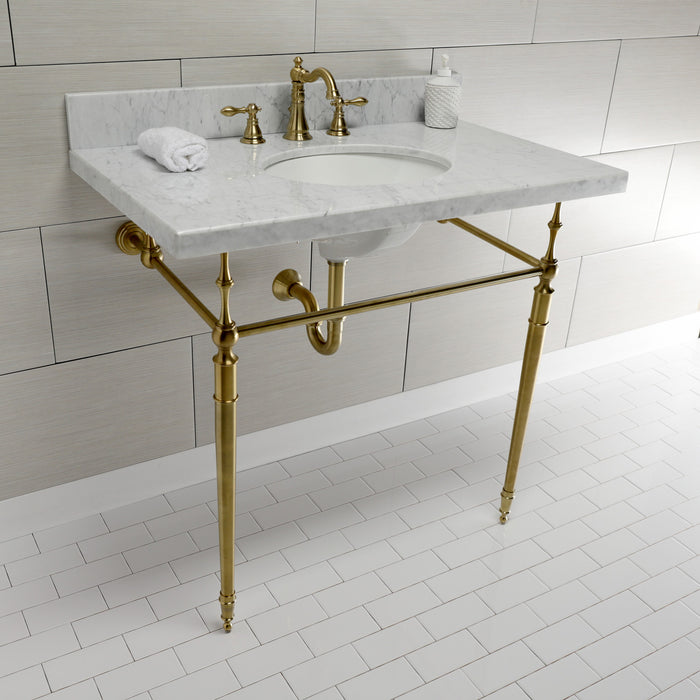 Edwardian KVPB3622M87 36-Inch Carrara Marble Console Sink with Brass Legs (8-Inch, 3-Hole), Carrara Marble White/Brushed Brass