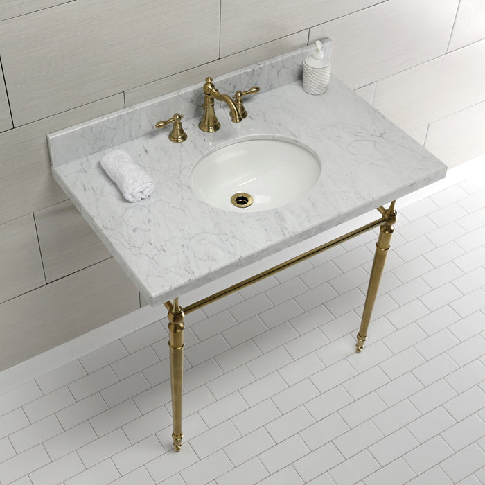 Kingston Heirloom KVPB3622M87 - Edwardian 36-Inch Carrara Marble Console Sink with Brass Legs (8-Inch, 3-Hole), Carrara Marble White/Brushed Brass