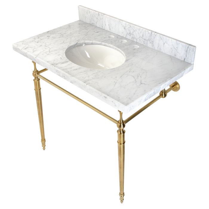 Edwardian KVPB3622M87 36-Inch Carrara Marble Console Sink with Brass Legs (8-Inch, 3-Hole), Carrara Marble White/Brushed Brass