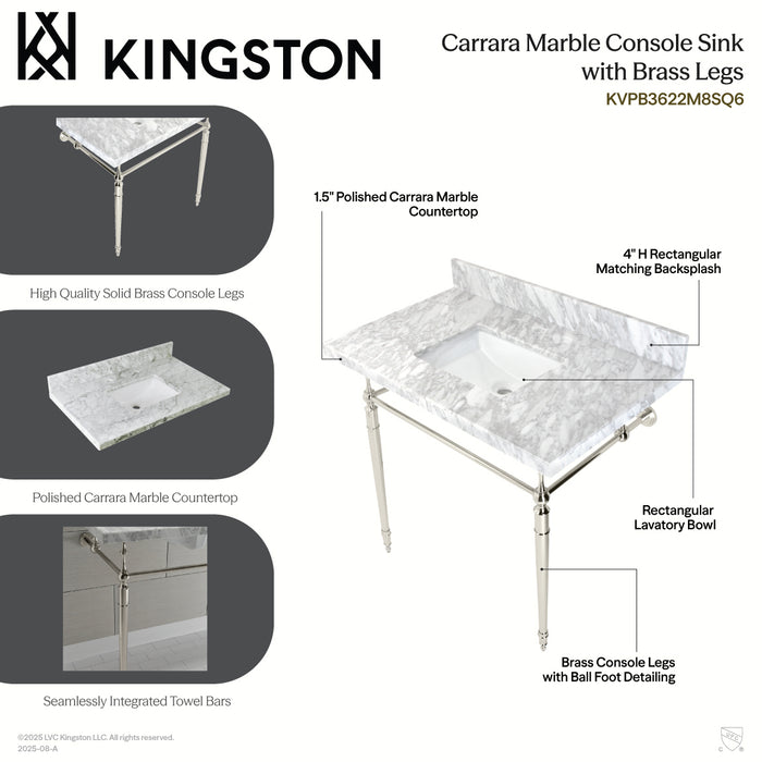 Edwardian KVPB3622M8SQ0 36-Inch Carrara Marble Console Sink with Brass Legs (8-Inch, 3-Hole), Carrara Marble White/Matte Black