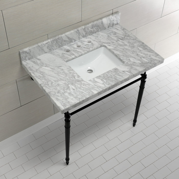 Edwardian KVPB3622M8SQ0 36-Inch Carrara Marble Console Sink with Brass Legs (8-Inch, 3-Hole), Carrara Marble White/Matte Black