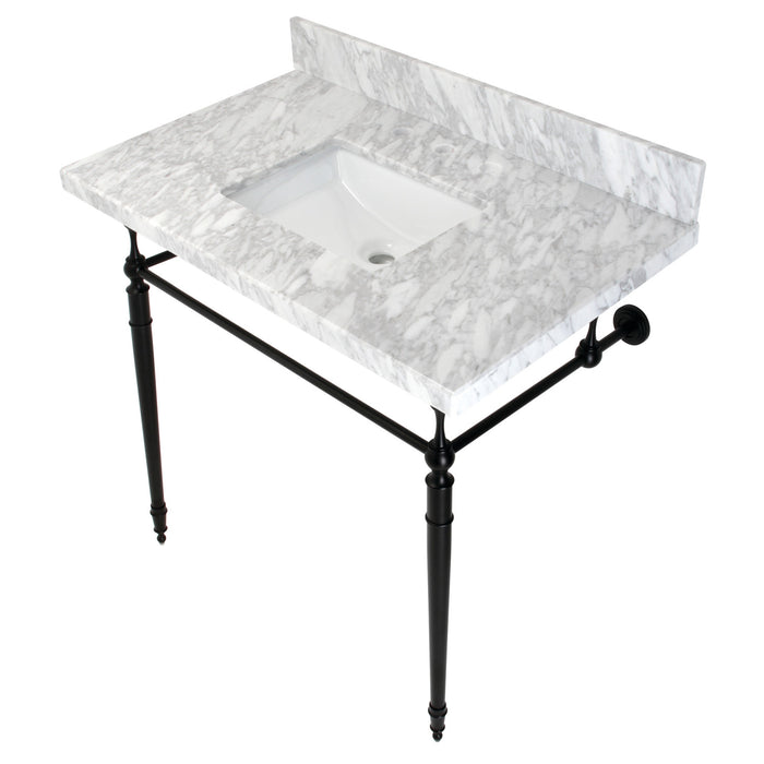 Edwardian KVPB3622M8SQ0 36-Inch Carrara Marble Console Sink with Brass Legs (8-Inch, 3-Hole), Carrara Marble White/Matte Black