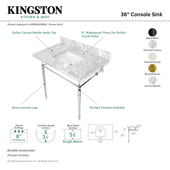 Edwardian KVPB3622M8SQ1 36-Inch Carrara Marble Console Sink with Brass Legs (8-Inch, 3-Hole), Carrara Marble White/Polished Chrome