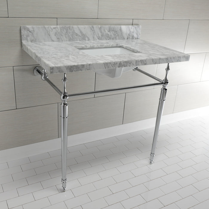 Edwardian KVPB3622M8SQ1 36-Inch Carrara Marble Console Sink with Brass Legs (8-Inch, 3-Hole), Carrara Marble White/Polished Chrome