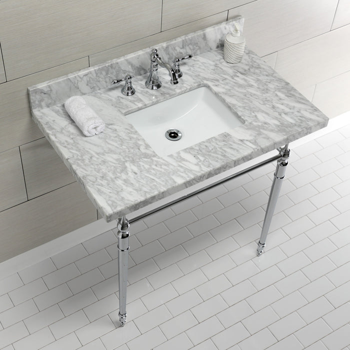 Edwardian KVPB3622M8SQ1 36-Inch Carrara Marble Console Sink with Brass Legs (8-Inch, 3-Hole), Carrara Marble White/Polished Chrome