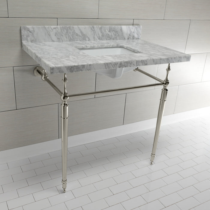 Edwardian KVPB3622M8SQ6 36-Inch Carrara Marble Console Sink with Brass Legs (8-Inch, 3-Hole), Carrara Marble White/Polished Nickel