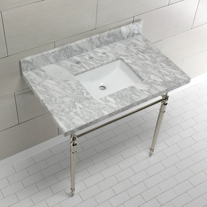 Edwardian KVPB3622M8SQ6 36-Inch Carrara Marble Console Sink with Brass Legs (8-Inch, 3-Hole), Carrara Marble White/Polished Nickel