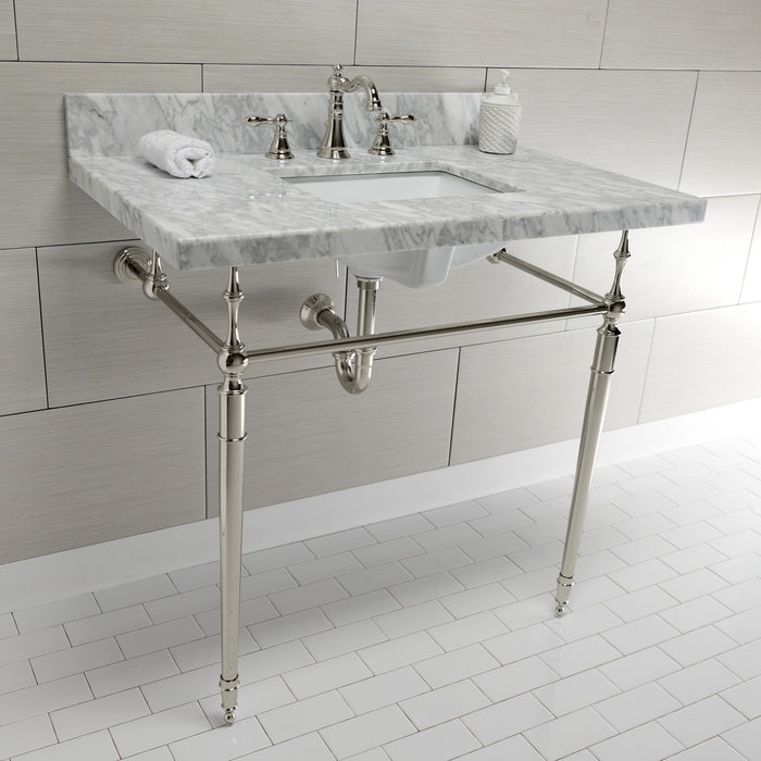 Edwardian KVPB3622M8SQ6 36-Inch Carrara Marble Console Sink with Brass Legs (8-Inch, 3-Hole), Carrara Marble White/Polished Nickel