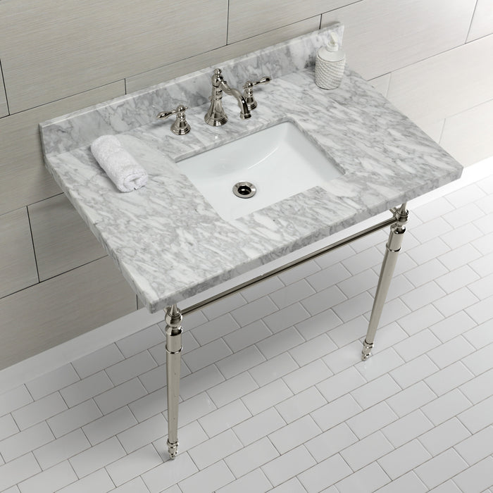 Edwardian KVPB3622M8SQ6 36-Inch Carrara Marble Console Sink with Brass Legs (8-Inch, 3-Hole), Carrara Marble White/Polished Nickel