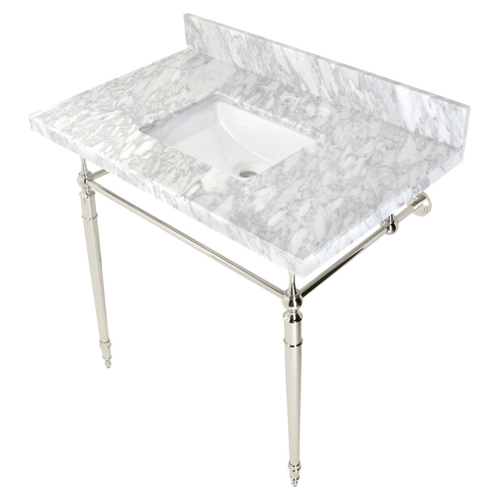 Edwardian KVPB3622M8SQ6 36-Inch Carrara Marble Console Sink with Brass Legs (8-Inch, 3-Hole), Carrara Marble White/Polished Nickel