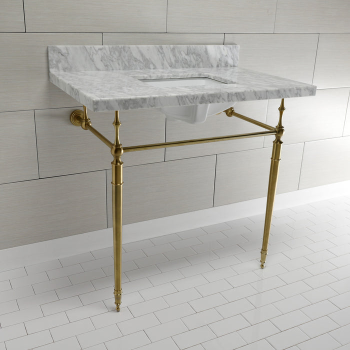 Edwardian KVPB3622M8SQ7 36-Inch Carrara Marble Console Sink with Brass Legs (8-Inch, 3-Hole), Carrara Marble White/Brushed Brass