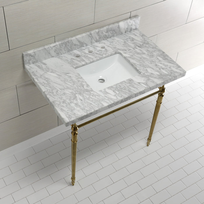 Edwardian KVPB3622M8SQ7 36-Inch Carrara Marble Console Sink with Brass Legs (8-Inch, 3-Hole), Carrara Marble White/Brushed Brass