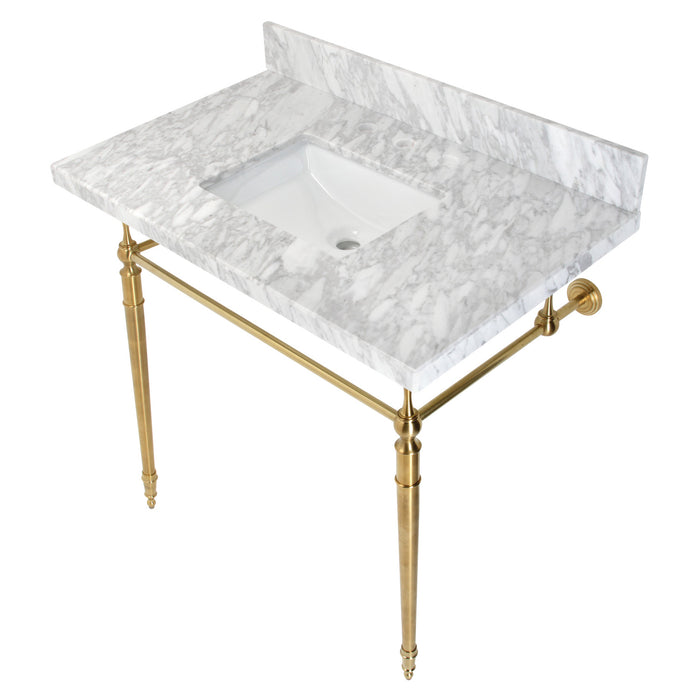 Edwardian KVPB3622M8SQ7 36-Inch Carrara Marble Console Sink with Brass Legs (8-Inch, 3-Hole), Carrara Marble White/Brushed Brass