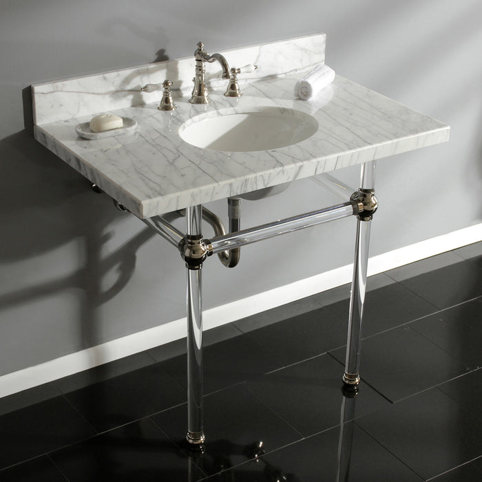 Kingston Tulare KVPB3630MA6 - Templeton 36-Inch Carrara Marble Vanity Top with Acrylic Legs (8-Inch, 3-Hole), Carrara Marble White/Polished Nickel