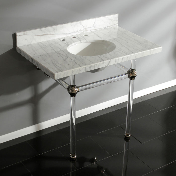 Kingston Tulare KVPB3630MA6 - Templeton 36-Inch Carrara Marble Vanity Top with Acrylic Legs (8-Inch, 3-Hole), Carrara Marble White/Polished Nickel