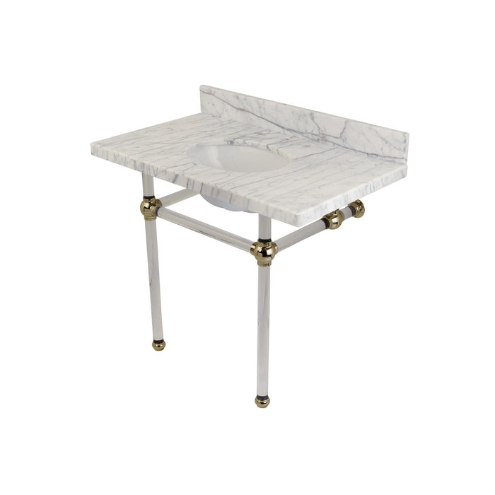 Kingston Tulare KVPB3630MA6 - Templeton 36-Inch Carrara Marble Vanity Top with Acrylic Legs (8-Inch, 3-Hole), Carrara Marble White/Polished Nickel