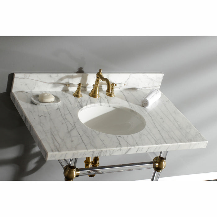 Kingston Tulare KVPB3630MA7 - Templeton 36-Inch Carrara Marble Vanity Top with Acrylic Legs (8-Inch, 3-Hole), Carrara Marble White/Brushed Brass