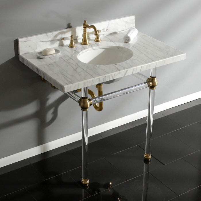 Kingston Tulare KVPB3630MA7 - Templeton 36-Inch Carrara Marble Vanity Top with Acrylic Legs (8-Inch, 3-Hole), Carrara Marble White/Brushed Brass