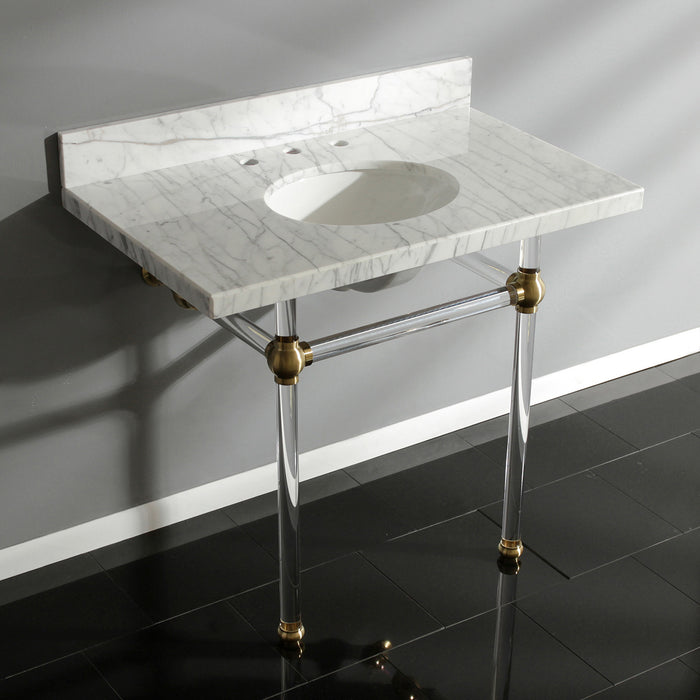 Kingston Tulare KVPB3630MA7 - Templeton 36-Inch Carrara Marble Vanity Top with Acrylic Legs (8-Inch, 3-Hole), Carrara Marble White/Brushed Brass