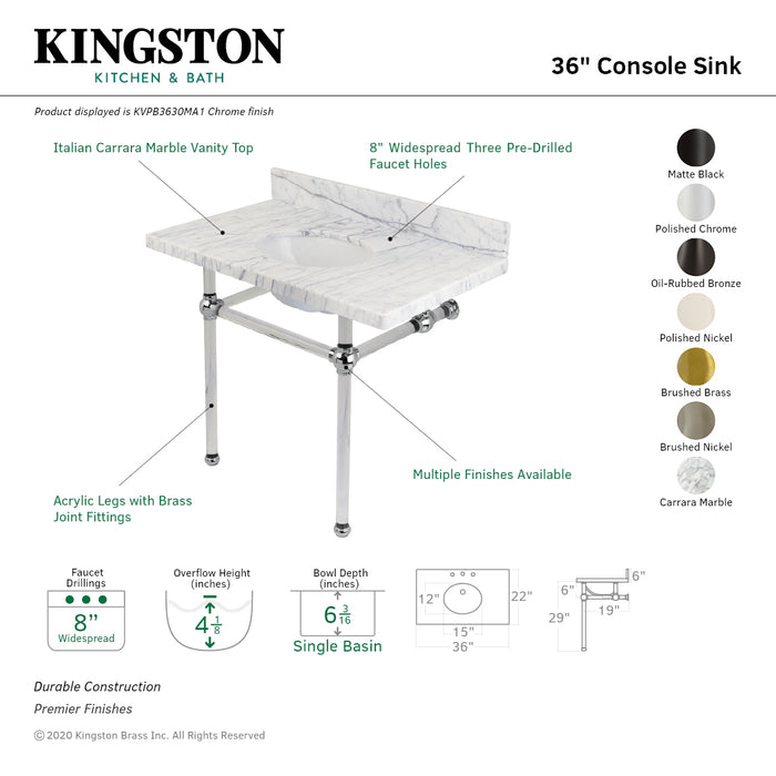 Kingston Tulare KVPB3630MA8 - Templeton 36-Inch Carrara Marble Vanity Top with Acrylic Legs (8-Inch, 3-Hole), Carrara Marble White/Brushed Nickel