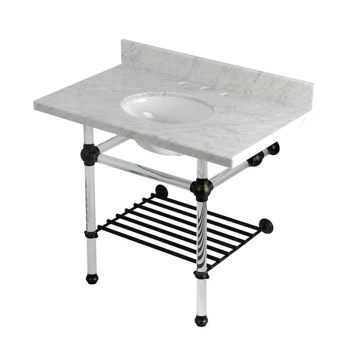 Kingston Tulare KVPB3630MAB5 - Templeton 36-Inch Carrara Marble Console Sink with Acrylic Legs and Shelf (8-Inch, 3-Hole), Carrara Marble White/Oil Rubbed Bronze