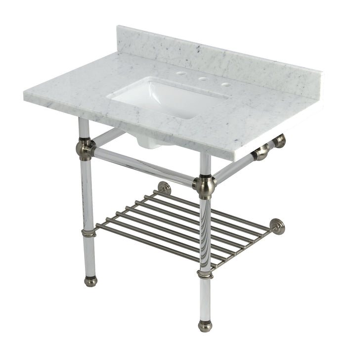 Kingston Tulare KVPB3630MASQB8 - Templeton 36-Inch Carrara Marble Console Sink with Acrylic Legs and Shelf (8-Inch, 3-Hole), Carrara Marble White/Brushed Nickel