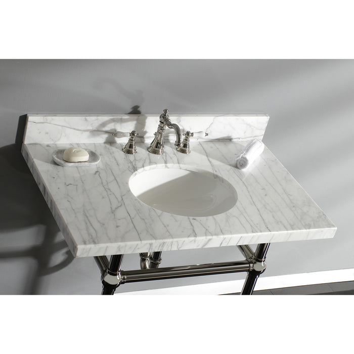 Kingston Heirloom KVPB3630MB6 - Templeton 36-Inch Carrara Marble Vanity Top with Brass Legs (8-Inch, 3-Hole), Carrara Marble White/Polished Nickel