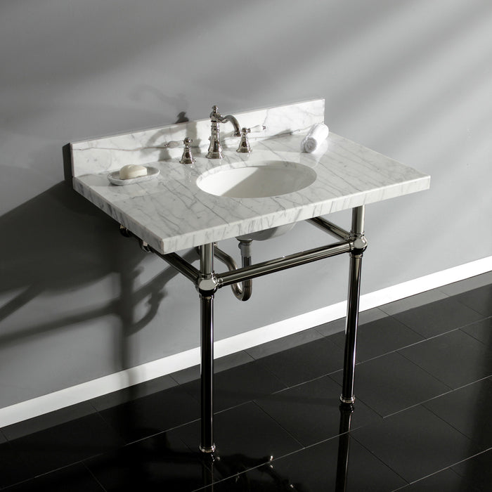 Kingston Heirloom KVPB3630MB6 - Templeton 36-Inch Carrara Marble Vanity Top with Brass Legs (8-Inch, 3-Hole), Carrara Marble White/Polished Nickel
