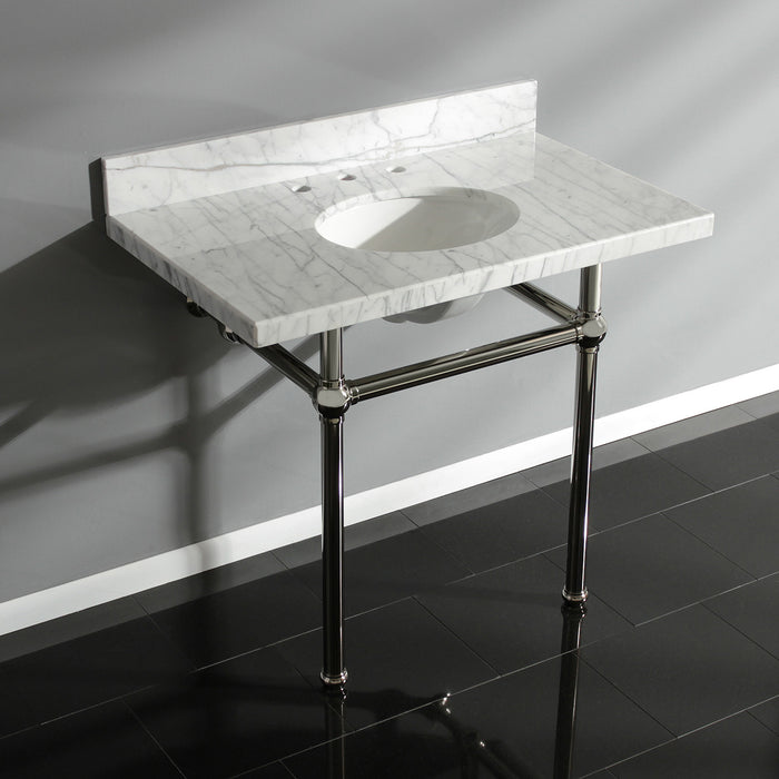 Kingston Heirloom KVPB3630MB6 - Templeton 36-Inch Carrara Marble Vanity Top with Brass Legs (8-Inch, 3-Hole), Carrara Marble White/Polished Nickel