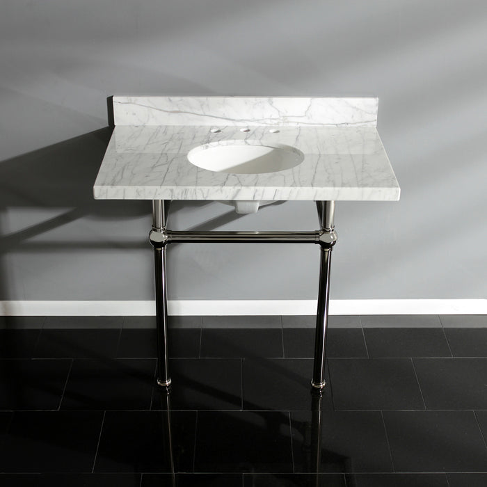 Kingston Heirloom KVPB3630MB6 - Templeton 36-Inch Carrara Marble Vanity Top with Brass Legs (8-Inch, 3-Hole), Carrara Marble White/Polished Nickel