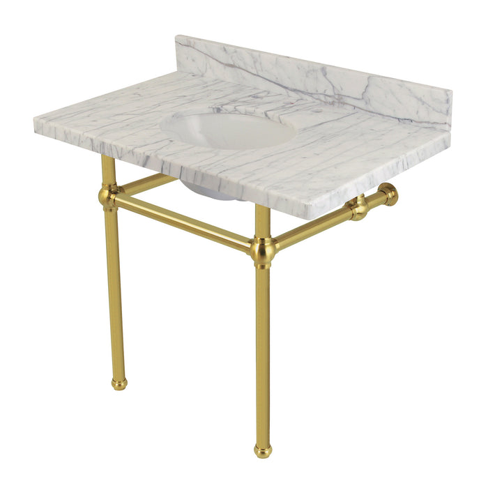 Kingston Heirloom KVPB3630MB7 - Templeton 36-Inch Carrara Marble Vanity Top with Brass Legs (8-Inch, 3-Hole), Carrara Marble White/Brushed Brass