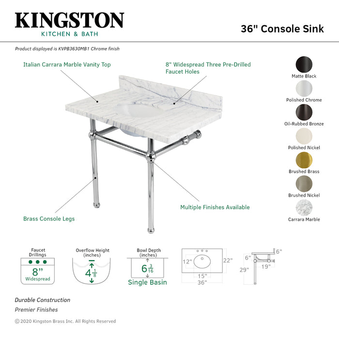 Kingston Heirloom KVPB3630MB8 - Templeton 36-Inch Carrara Marble Vanity Top with Brass Legs (8-Inch, 3-Hole), Carrara Marble White/Brushed Nickel