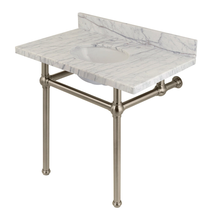 Kingston Heirloom KVPB3630MB8 - Templeton 36-Inch Carrara Marble Vanity Top with Brass Legs (8-Inch, 3-Hole), Carrara Marble White/Brushed Nickel