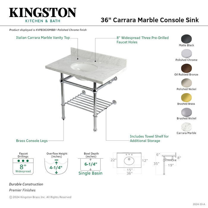 Kingston Heirloom KVPB3630MBB0 - Templeton 36-Inch Carrara Marble Console Sink with Brass Legs and Shelf (8-Inch, 3-Hole), Carrara Marble White/Matte Black