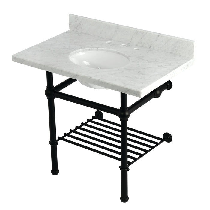 Kingston Heirloom KVPB3630MBB0 - Templeton 36-Inch Carrara Marble Console Sink with Brass Legs and Shelf (8-Inch, 3-Hole), Carrara Marble White/Matte Black