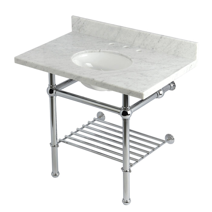 Kingston Heirloom KVPB3630MBB1 - Templeton 36-Inch Carrara Marble Console Sink with Brass Legs and Shelf (8-Inch, 3-Hole), Carrara Marble White/Polished Chrome