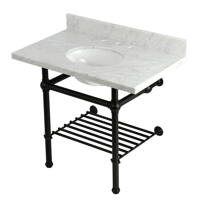 Kingston Heirloom KVPB3630MBB5 - Templeton 36-Inch Carrara Marble Console Sink with Brass Legs and Shelf (8-Inch, 3-Hole), Carrara Marble White/Oil Rubbed Bronze