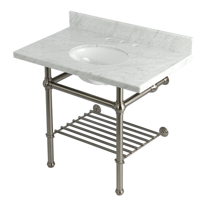 Kingston Heirloom KVPB3630MBB8 - Templeton 36-Inch Carrara Marble Console Sink with Brass Legs and Shelf (8-Inch, 3-Hole), Carrara Marble White/Brushed Nickel