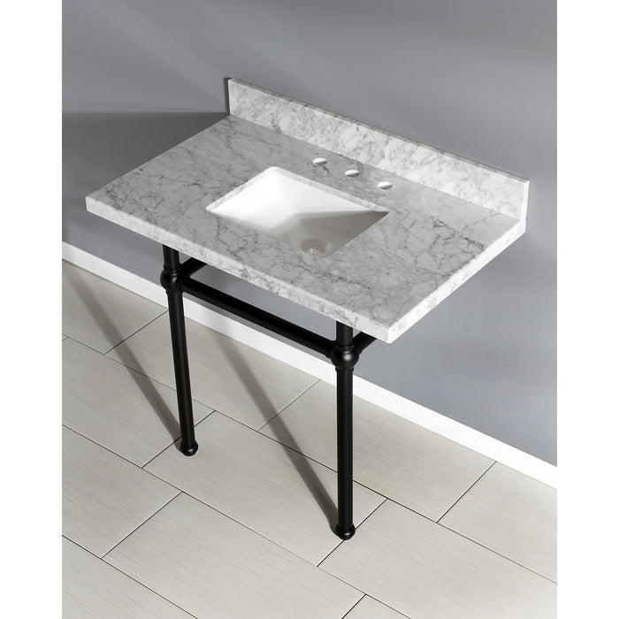 Kingston Heirloom KVPB3630MBSQ0 - Templeton 36-Inch Carrara Marble Vanity Top with Brass Legs (8-Inch, 3-Hole), Carrara Marble White/Matte Black