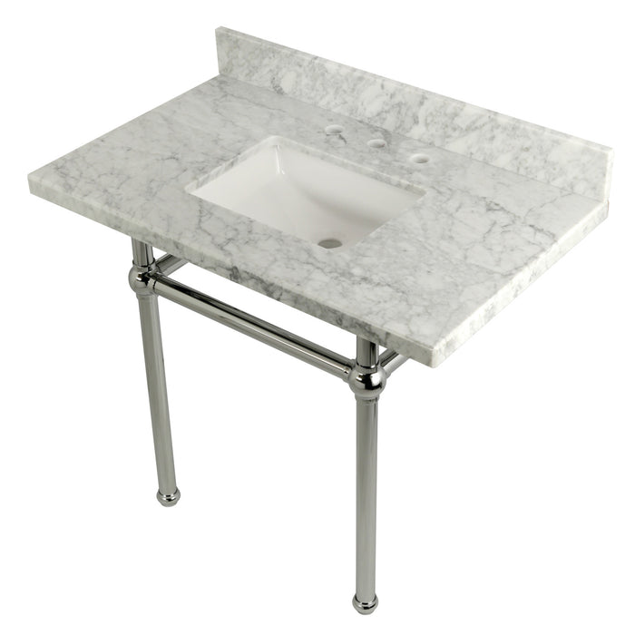Kingston Heirloom KVPB3630MBSQ1 - Templeton 36-Inch Carrara Marble Vanity Top with Brass Legs (8-Inch, 3-Hole), Carrara Marble White/Polished Chrome