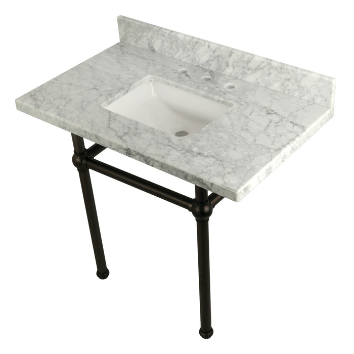 Kingston Heirloom KVPB3630MBSQ5 - Templeton 36-Inch Carrara Marble Vanity Top with Brass Legs (8-Inch, 3-Hole), Carrara Marble White/Oil Rubbed Bronze