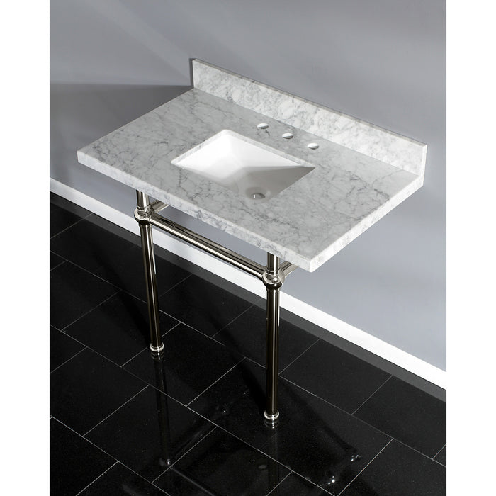 Kingston Heirloom KVPB3630MBSQ6 - Templeton 36-Inch Carrara Marble Vanity Top with Brass Legs (8-Inch, 3-Hole), Carrara Marble White/Polished Nickel