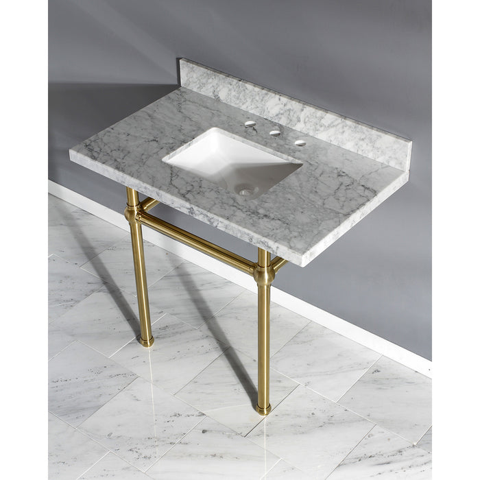 Kingston Heirloom KVPB3630MBSQ7 - Templeton 36-Inch Carrara Marble Vanity Top with Brass Legs (8-Inch, 3-Hole), Carrara Marble White/Brushed Brass