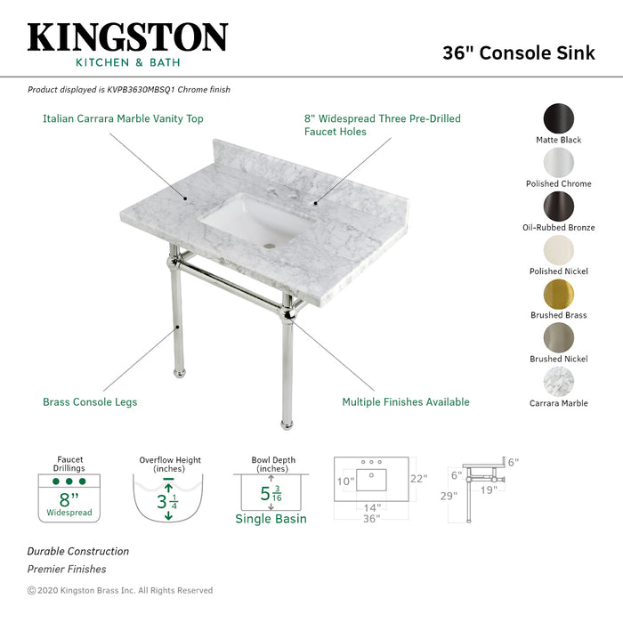 Kingston Heirloom KVPB3630MBSQ8 - Templeton 36-Inch Carrara Marble Vanity Top with Brass Legs (8-Inch, 3-Hole), Carrara Marble White/Brushed Nickel