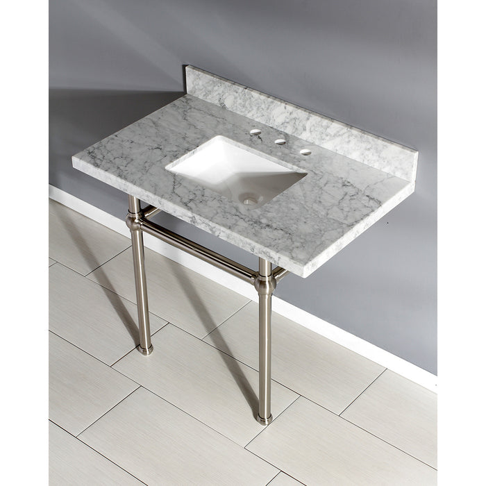 Kingston Heirloom KVPB3630MBSQ8 - Templeton 36-Inch Carrara Marble Vanity Top with Brass Legs (8-Inch, 3-Hole), Carrara Marble White/Brushed Nickel