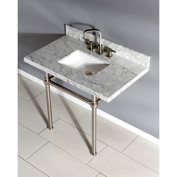 Kingston Heirloom KVPB3630MBSQ8 - Templeton 36-Inch Carrara Marble Vanity Top with Brass Legs (8-Inch, 3-Hole), Carrara Marble White/Brushed Nickel